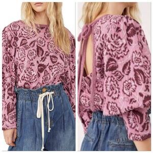Free People Top Women's Small Pink Floral Puff Sleeve 100% Cotton Cropped Sweate